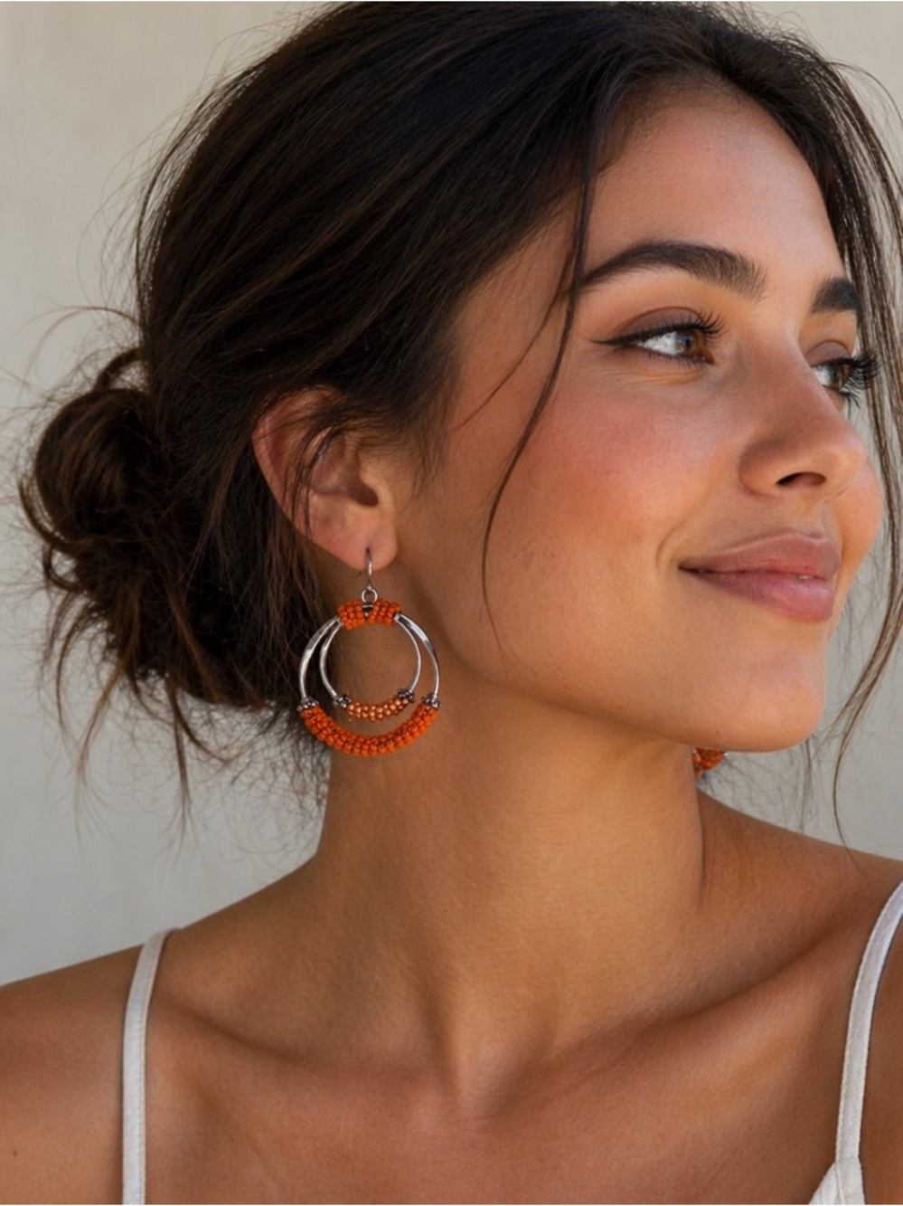 NWOT Chico's Orange Beaded Double-Hoop Earrings with Silver Tone